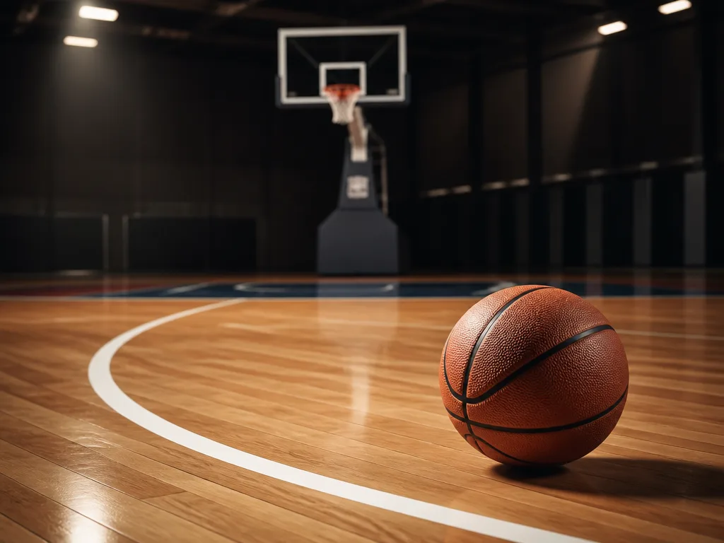 Basketboll på ett parkettgolv nära korgen och trepoängslinjen