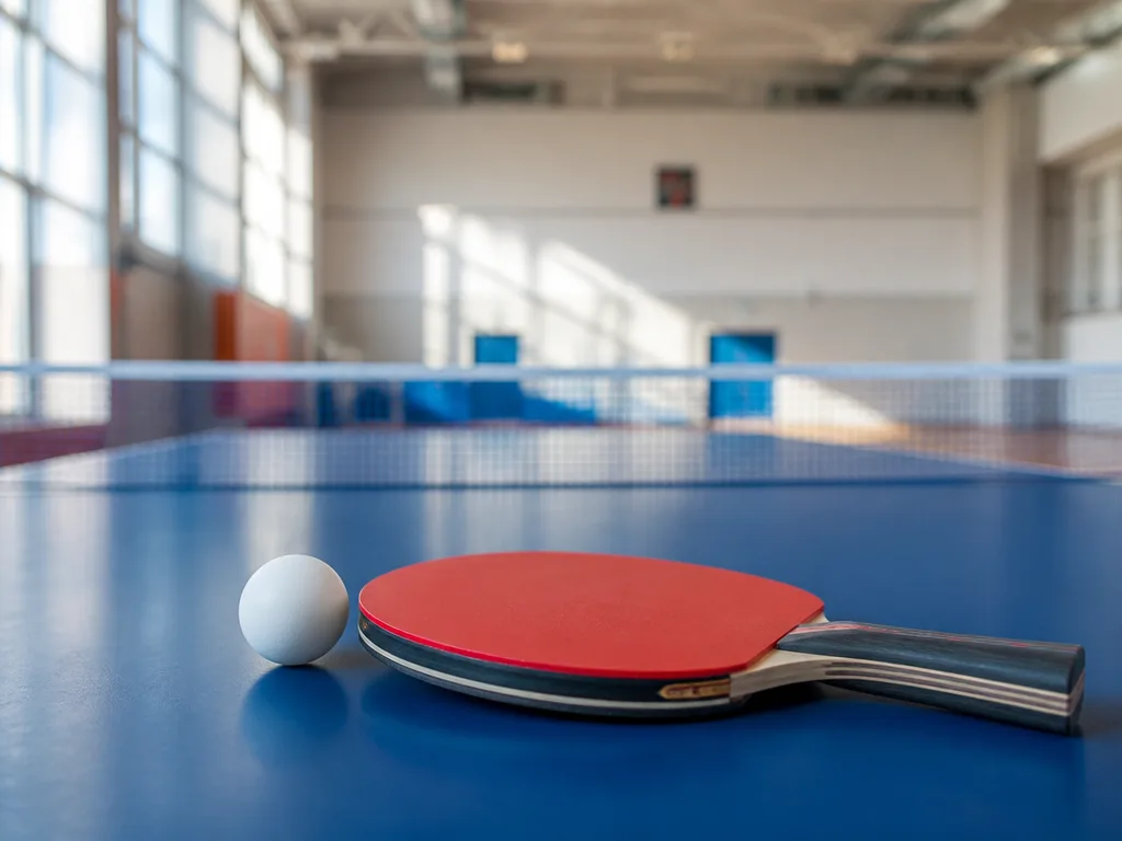Röd pingisracket och vit boll på ett blått bordtennisbord i en ljus idrottshall
