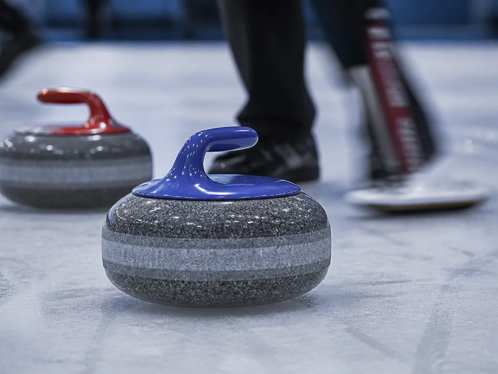 Curlingstenar på isen med en sopande spelare i rörelse i bakgrunden