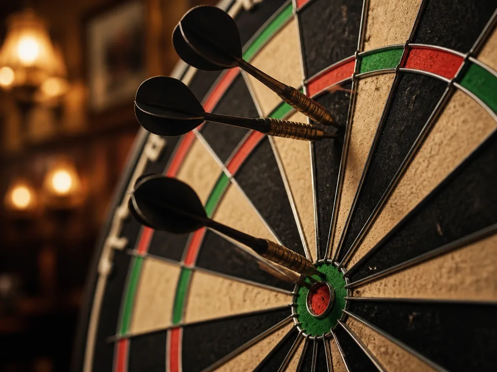 Darttavla med pilar instuckna i tripplar och bullseye i mitten