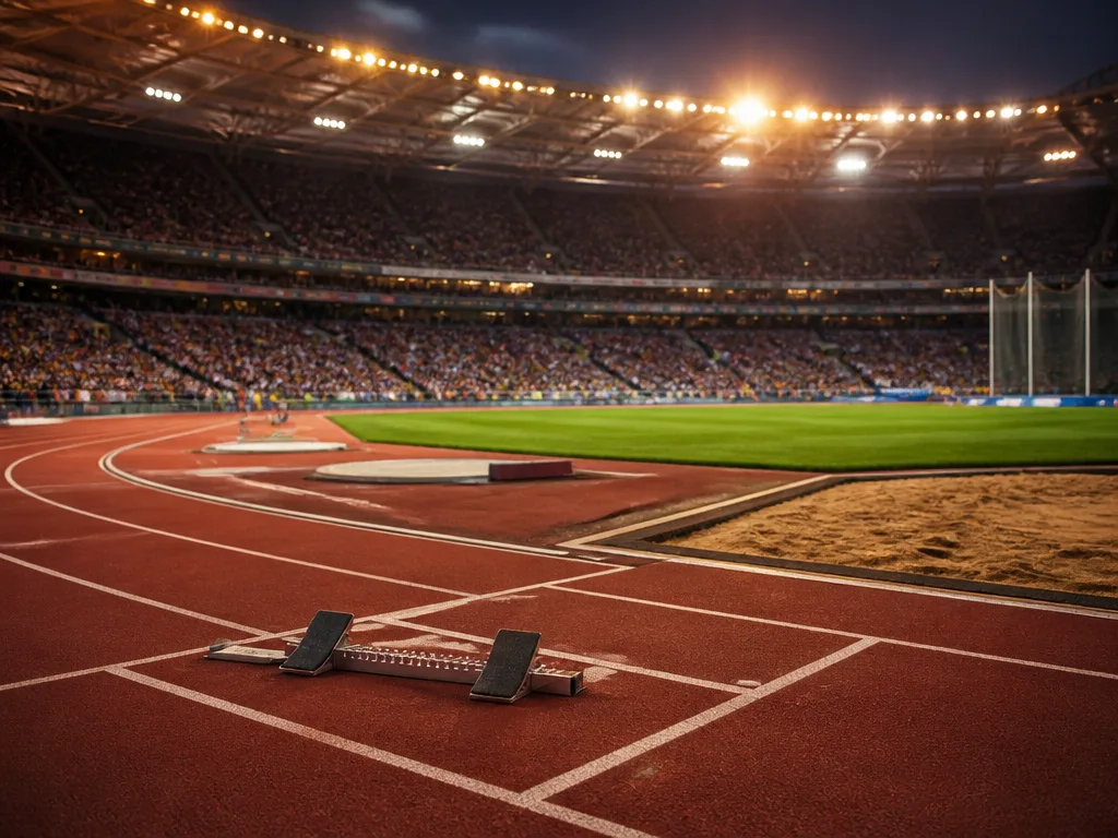 Friidrottsstadion med löparbana, startblock och hoppgrop i ett VM-format