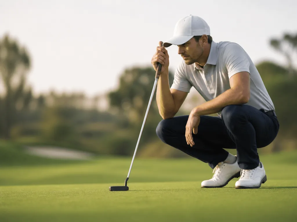 Golfspelare läser en putt på en solbelyst green med putter i hand
