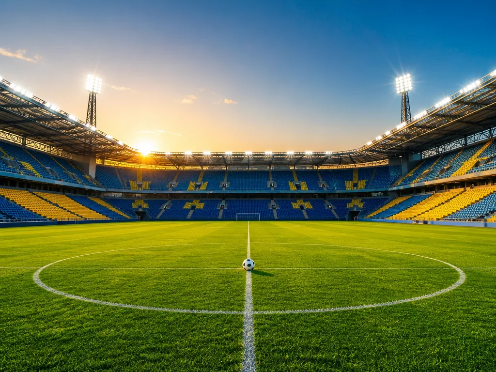 Fotbollsspelare i aktion på en grön plan med stadionljus i kvällsljus