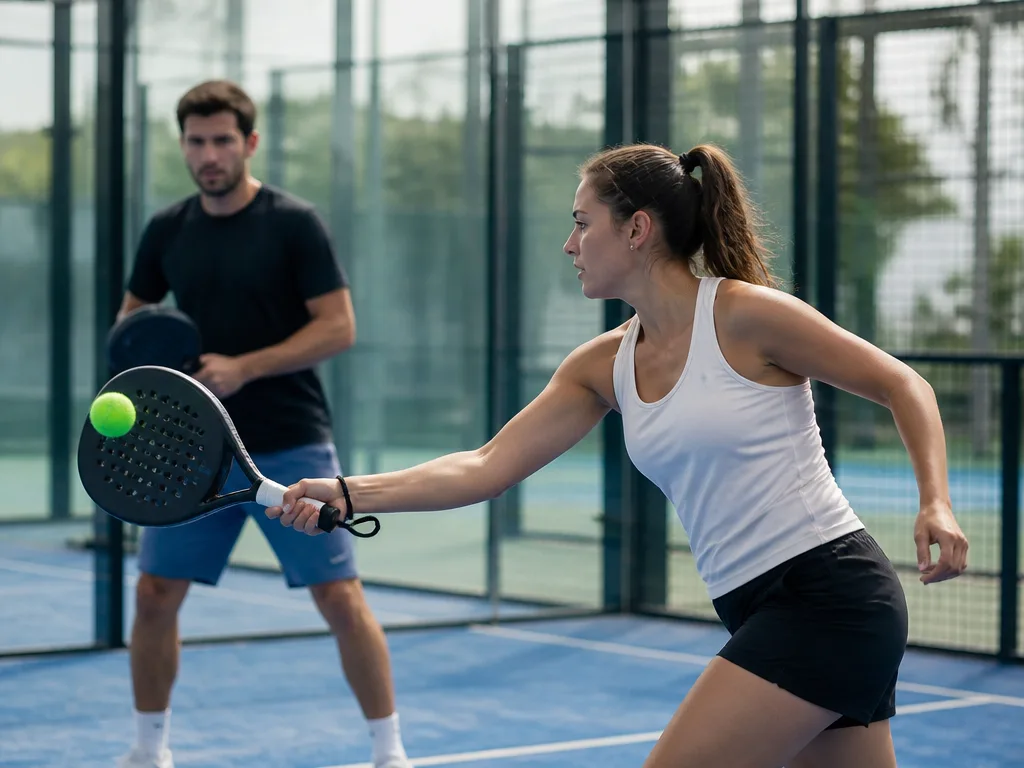 Två spelare på en padelbana med glasväggar slår bollen i action