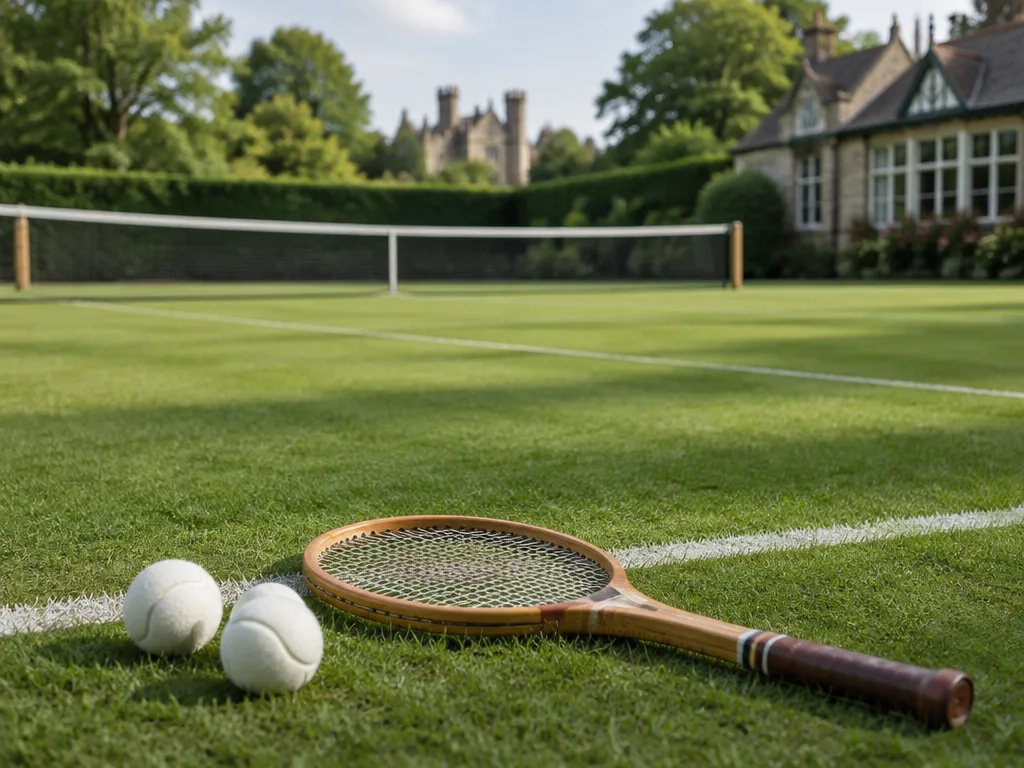 Gräsbana för tennis med vita bollar och ett träracket vid baslinjen i eftermiddagsljus