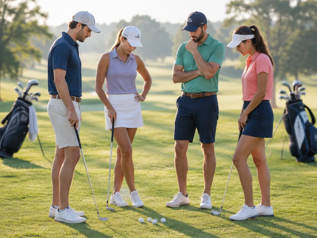 Fyra golfspelare på en solig fairway diskuterar vilken av lagets bollar de ska spela vidare från
