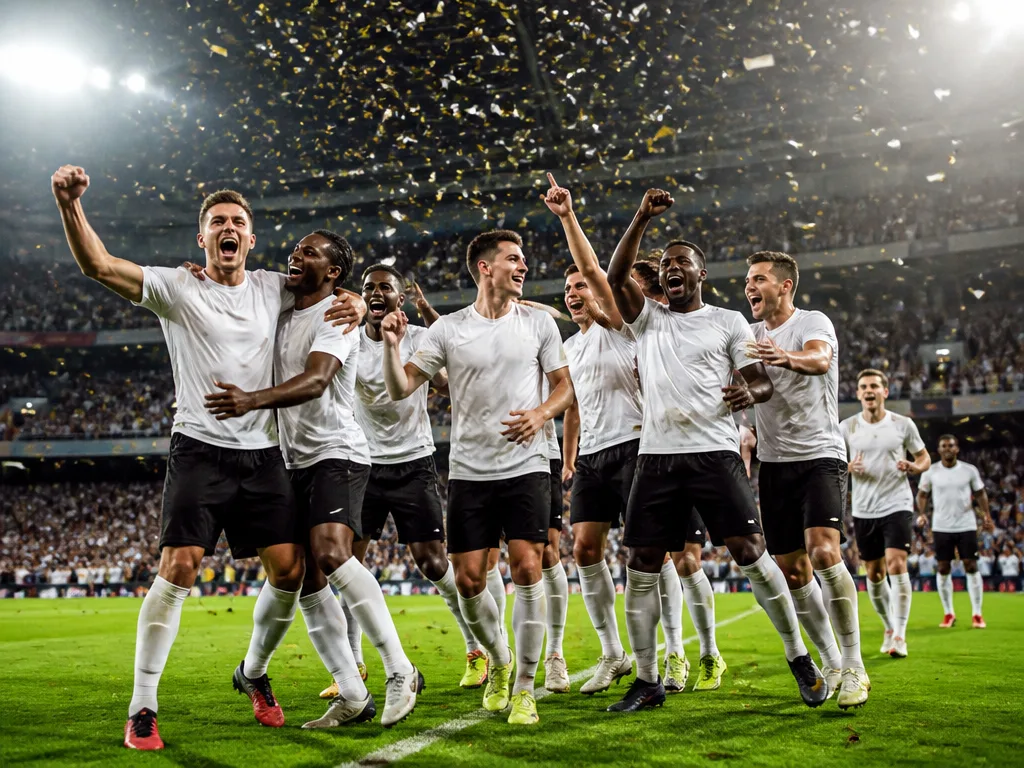 Fotbollsspelare firar uppflyttning på en stadionplan med konfetti och strålkastarljus