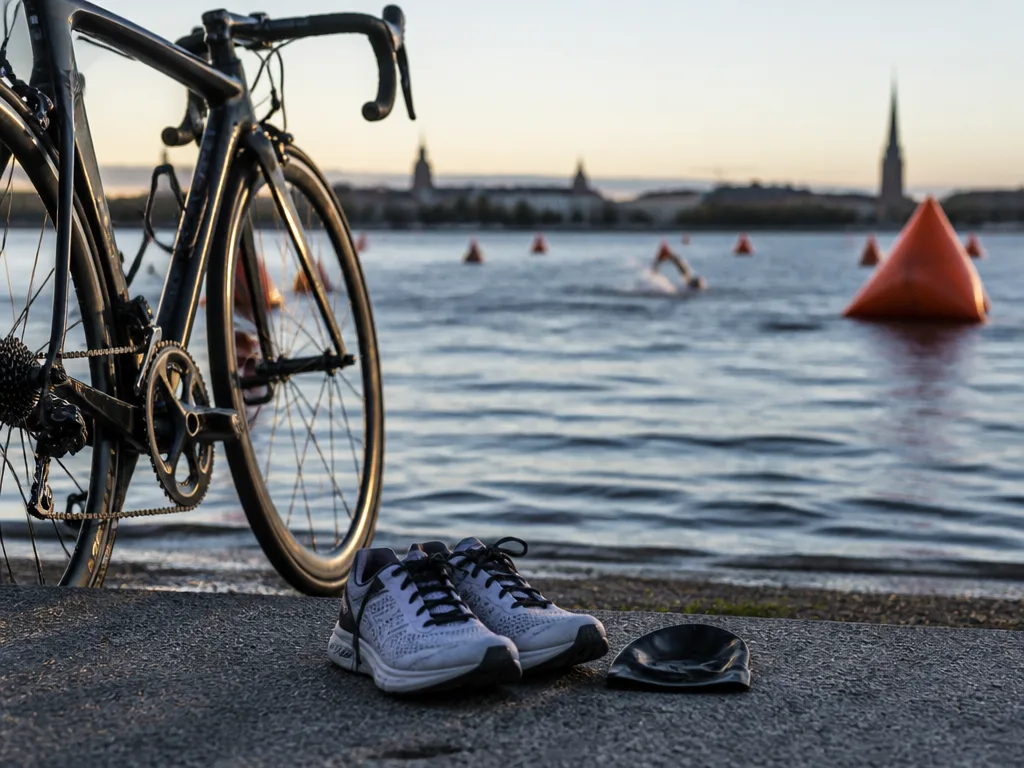 Cyklar och löparskor uppställda i ett triathlonväxlingsområde vid vattnet